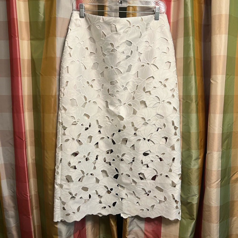 H&M White Floral Laser-Cut Midi Skirt